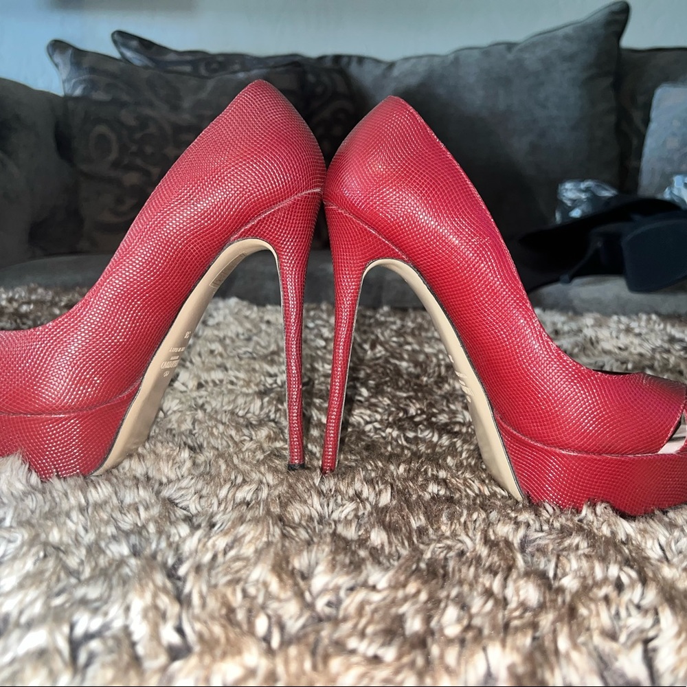 Valentino textured red/burgundy leather peep toe stilettos
